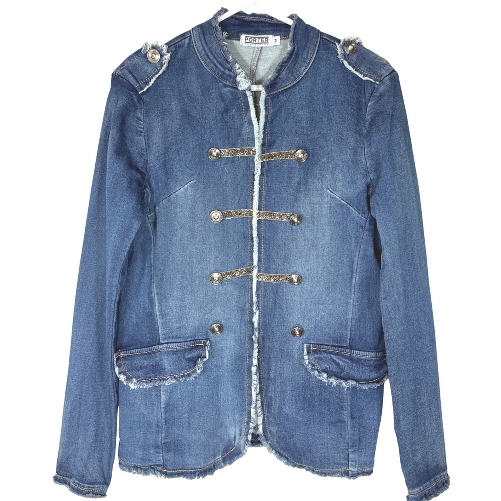 Napoleon Military Band Denim Jacket Womens Med Porter Collective Blue Jean Open